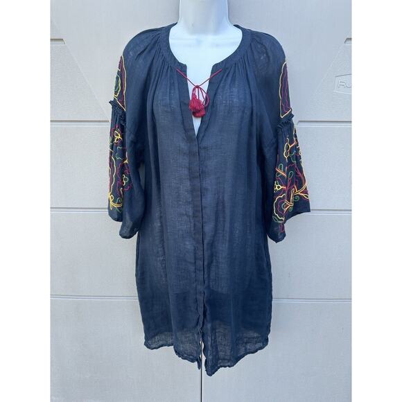 Eleven By March 11 Navy 100% Linen Embroidered Floral Tassel Mini Dress Size M - Picture 2 of 12